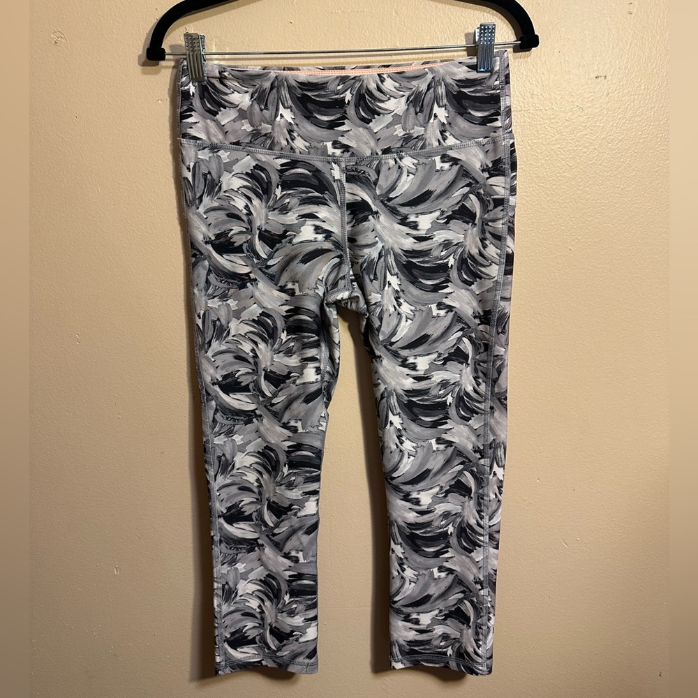 Marika Sport Gray & Black Abstract Brushstroke Leggings, High Rise